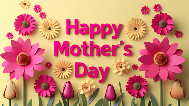 Happy Mother's Day elegant card design with 3D flowers and circular frame on yellow background. Festive floral concept for greeting and celebration. Concept greeting cards, celebrating wedding