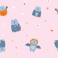 Cute Halloween Bat Seamless Pattern with Pumpkins and Spooky Elements. Holiday Backdrop, Design, Wrapping Paper