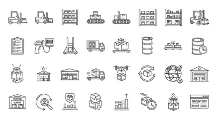 A collection of line art icons representing various aspects of logistics, shipping, and inventory management