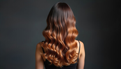 Back view of woman with wavy ombre hair. Dark roots transition to warm brown and blonde ends. Long flowing strands styled elegantly against dark background.