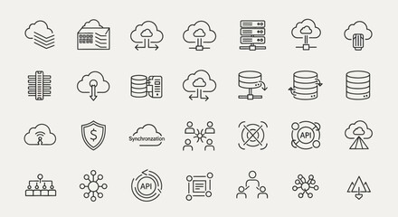Collection of line art icons representing cloud computing, data, and networking concepts