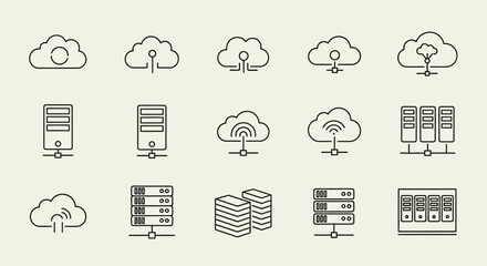 Icons depict various cloud and server configurations, representing data storage and connectivity
