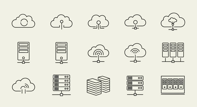 Icons depict various cloud and server configurations, representing data storage and connectivity