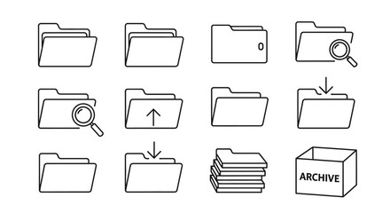 Collection of folder icons with search, upload, download, and archive options