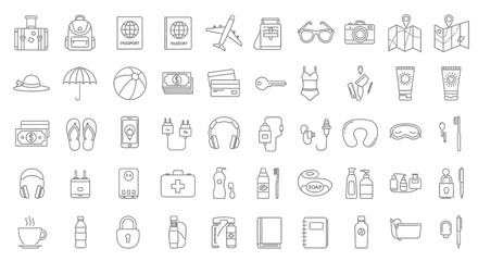 A collection of travel-related icons in a simple line art style