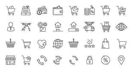 A collection of diverse, black-and-white line icons related to online shopping and commerce