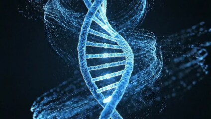 A blue dna double helix structure with particles on a dark background illustration - Powered by Adobe