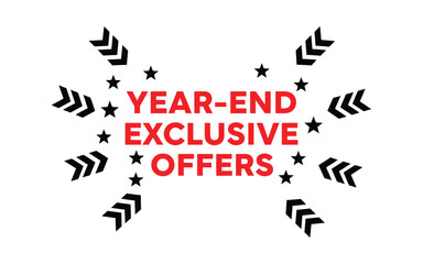 Year-end exclusive offers graphic with red text and black arrows on a white background