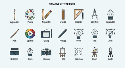 A collection of graphic design icons, including art tools, digital drawing equipment, and creative symbols