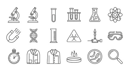 Collection of science icons microscopes, DNA, beaker, atom, magnet, safety gear