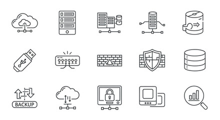 Collection of minimalist line art icons representing digital data storage and security concepts