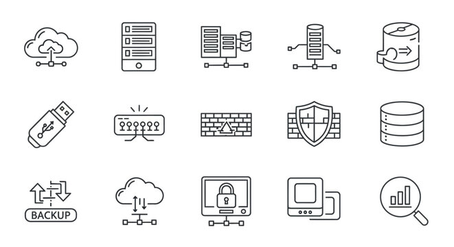 Collection of minimalist line art icons representing digital data storage and security concepts