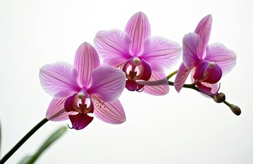 Obraz premium Three light pink orchids with dark stripes on white background. Delicate petals show intricate details and soft glow. Fresh blooms on stem, natural beauty, isolated plant.