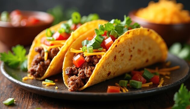 Three crunchy tacos filled with seasoned ground beef shredded cheese and diced tomatoes and green onions served on a dark plate with salsa nearby ideal for mexican food blogs or restaurants. - Powered by Adobe