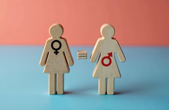 Female and male icons represent equality concept. Gender balance with symbolic representation in modern society. Wooden figures show men, women with equal sign against color background. - Powered by Adobe