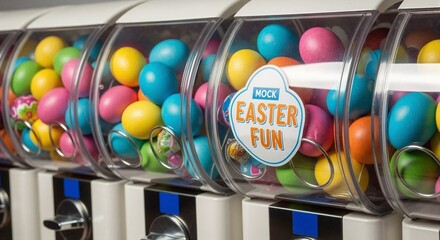 Row of vending machines filled with colorful Easter egg toys. Close-up of holiday prize dispensers for a fun spring celebration