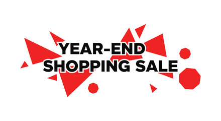 A graphic design announces a year-end shopping sale with abstract red shapes.