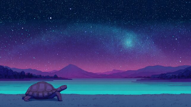 Celestial Voyage: An illustration depicts a serene turtle, embarking on a transformative journey beneath a mesmerizing cosmic sky, framed by tranquil waters and majestic mountains.