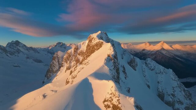 top of mountain with snow colorful clouds and sun light
