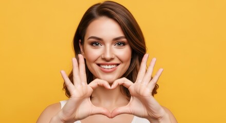 Woman smiling and making a heart gesture with her hands in front of a vibrant yellow background. Concept of love and care.