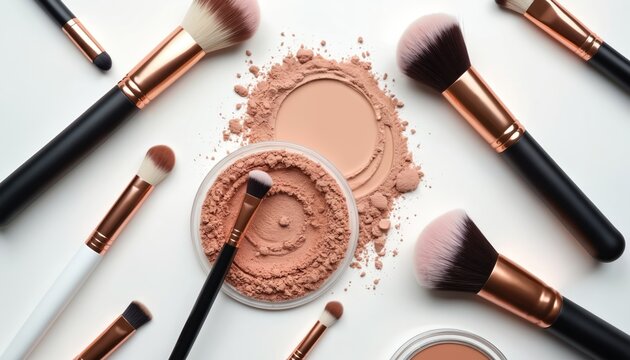 Diverse makeup brushes, cosmetic powder neatly displayed on clean white background. Various beauty tools for foundation, blush, contour products ready for face application, daily grooming routine.
