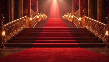 Fototapeta na wymiar Illustration of a grand staircase with red carpet gold railings and spotlights. The scene creates a sense of luxury and glamour. Ideal for award show concepts.