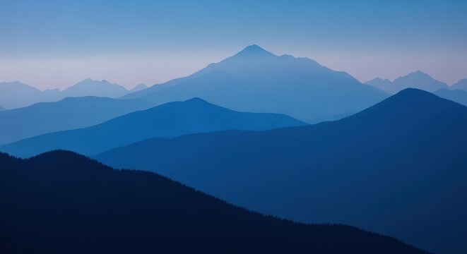 Peaceful blue mountain range at dusk overlapping hills