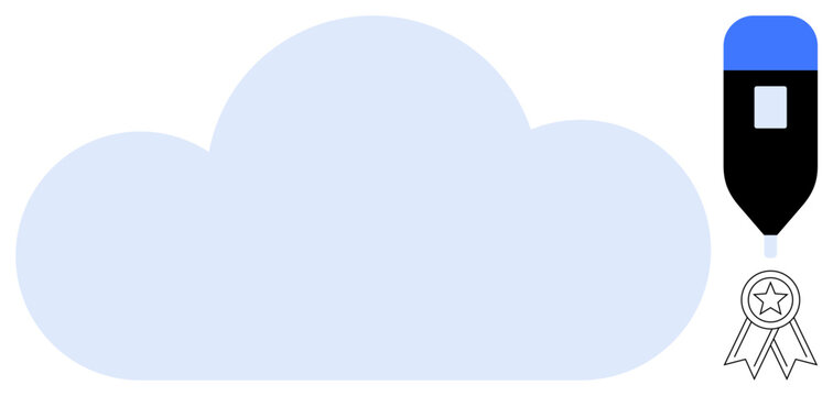 Blue cloud shape alongside a ribbon symbolizing certification and a marker pen, representing cloud storage, data protection, and planning tools. Ideal for technology, innovation, creativity, success