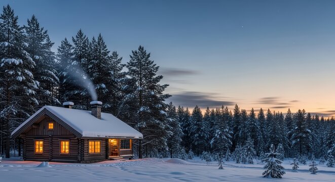 Cozy cabin in snowy forest at twilight with warm glowing windows - Powered by Adobe
