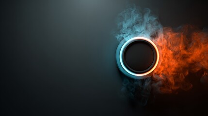 A glowing neon button vector illustration with a vibrant red circle of energy and light against a dark background of space