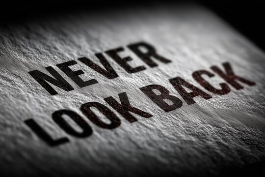 Bold, embossed letters spell "NEVER LOOK BACK," etched into a rough, metallic surface. The image conveys determination, resilience, and forward momentum.