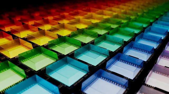 A macro view of a liquid crystal display reveals a digital matrix of pixels glowing with a vibrant rainbow spectrum, representing modern screen technology.