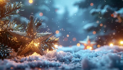 Sparkling Christmas Tree Branch in Snow with Bokeh Lights in a Winter Wonderland