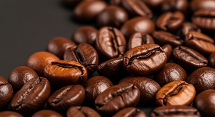 Fototapeta premium Close-up of fresh roasted coffee beans on dark surface