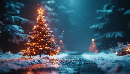 Glowing Christmas Tree in Snowy Forest at Night with Soft Lighting and Cold Blue Background for Holiday Season