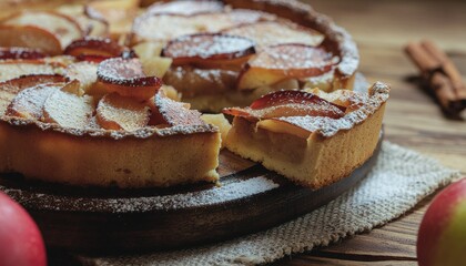Delicious Homemade Apple Tart with Powdered Sugar on Wooden Table