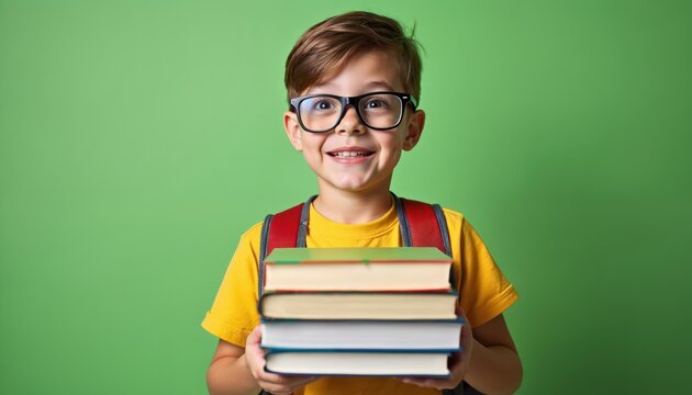 Little boy wears glasses, red backpack, yellow shirt. Holds stack of books, smiling broadly. Kid looks excited for school, learning, education. Smart child student ready for first grade. Eager to