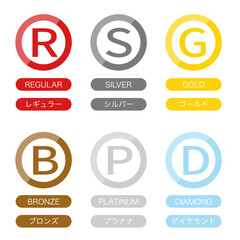 メンバーシップランクを示す6種セットアイコンコレクション（レギュラー・シルバー・ゴールド・ブロンズ・プラチナ・ダイヤモンド）