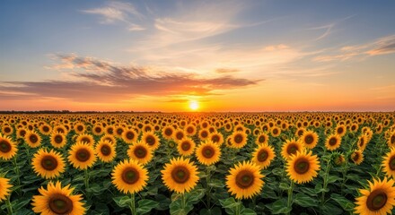 Fototapeta premium Vibrant sunflower field illuminated by warm sunset sky in rural landscape