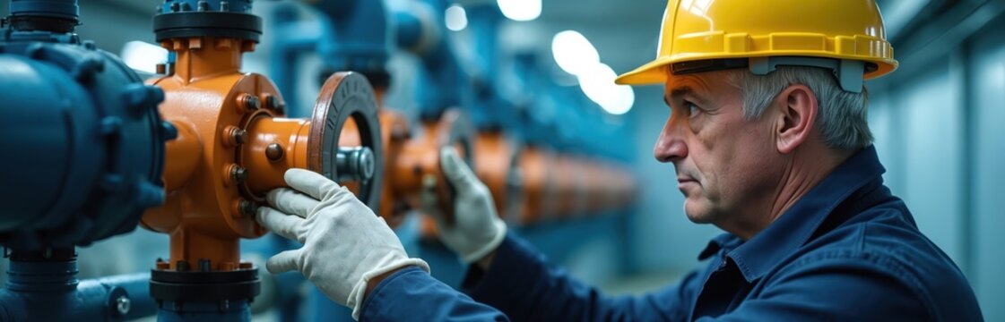 Senior engineer in yellow hard hat inspects industrial water purification system. Man adjusts orange valve on large blue pipe. Worker wears safety gloves at plant facility, checking equipment - Powered by Adobe