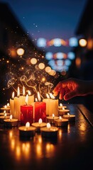 Candles lighting on the eve of Immaculate Conception, Blessed Virgin Mary celebration, spiritual twilight gathering, sacred Colombian eve of Feast.