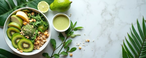 Green salad bowl with kiwi, apple, avocado, pear, cucumber and lime drink. Healthy meal with fresh ingredients on marble background. Dietary food