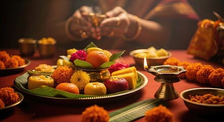 Dhanu Sankranti festive spread, traditional offerings with sweets, marigold garlands, lit diya, and floral decorations, celebrating harvest abundance and prosperity.