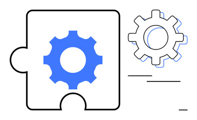 Gear inside puzzle piece with nearby gear outline. Ideal for teamwork, innovation, problem-solving, cooperation, engineering, process optimization, synergy. Clean and simple flat metaphor