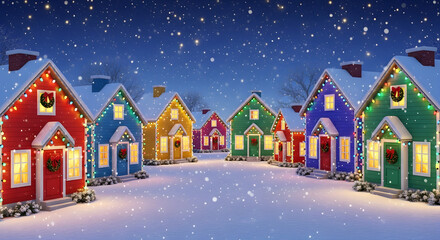 Naklejka premium Colorful Christmas Houses in Snowfall