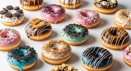 Assorted colorful donuts with toppings displayed on white surface