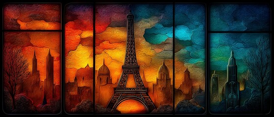 Vibrant, abstract panels depict iconic Paris landmarks. The image captures artistic flair, cultural pride, and city charm.