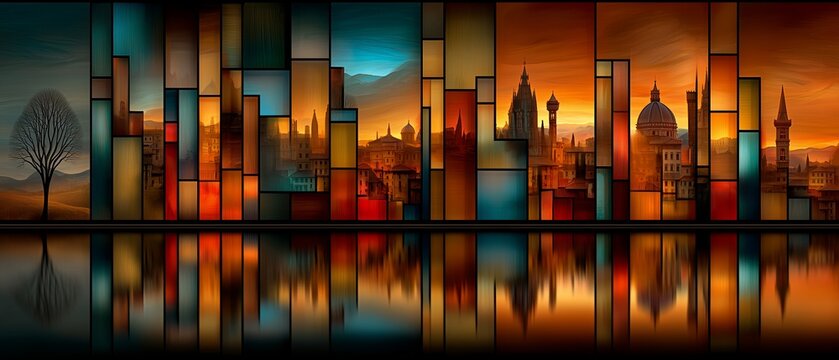 A vibrant stained glass Rome city skyline glows with warm hues, blending urban energy with artistic flair. The image conveys dynamism, creativity, and modern aesthetics.