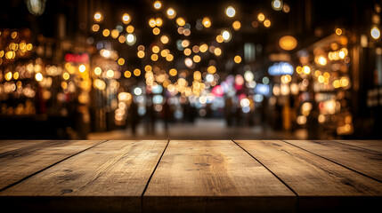 Wooden table surface in a vibrant market setting, illuminated by warm bokeh lights, creating an inviting atmosphere for social gatherings and culinary experiences