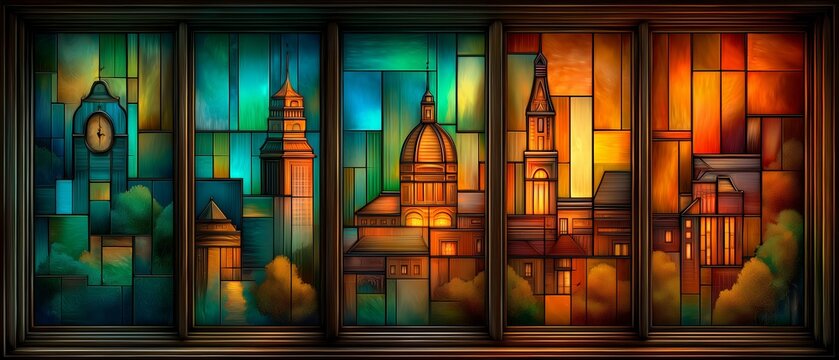 Colorful stained glass panels depict a Turin city skyline, blending artistry with urban architecture. The image captures creativity, tradition, and vibrant city life.